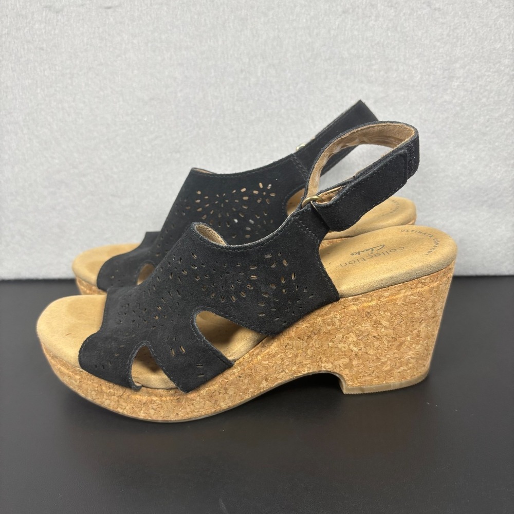 Clarks Collection Giselle Bay Black Suede Cork Wedge Sandals Women's Size 8 Shoe